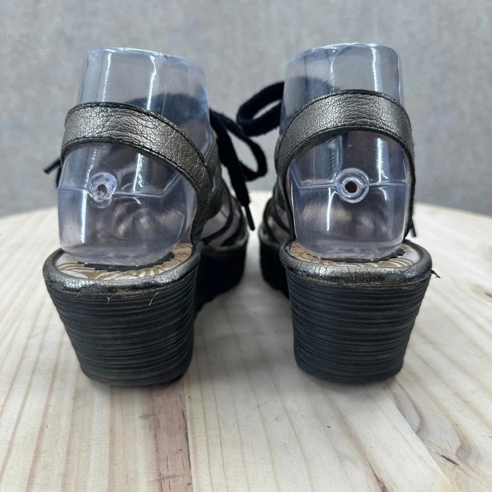 Fly London Yito Platform Sandals Womens 6.5-7 Bronze Metallic Lace Up Wedge